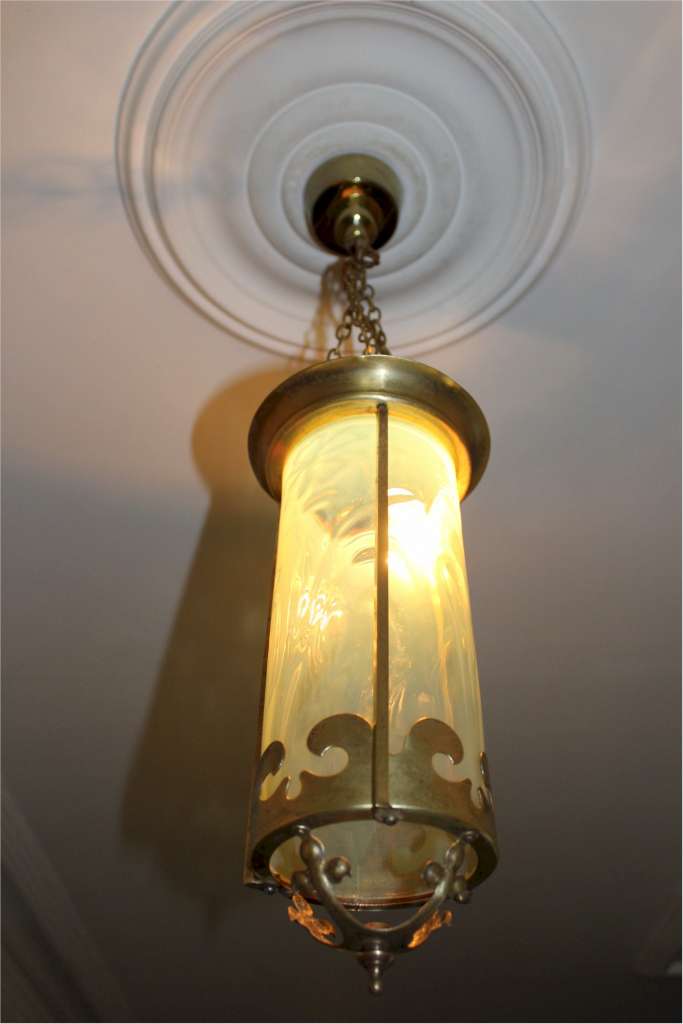 Pretty Arts and crafts hanging lantern with vaseline shade
