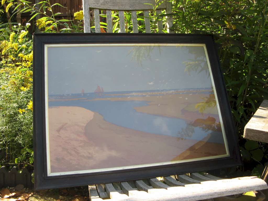 Arts and Crafts period oak framed print of a lower Elbe seascape scene by German artist and graphic