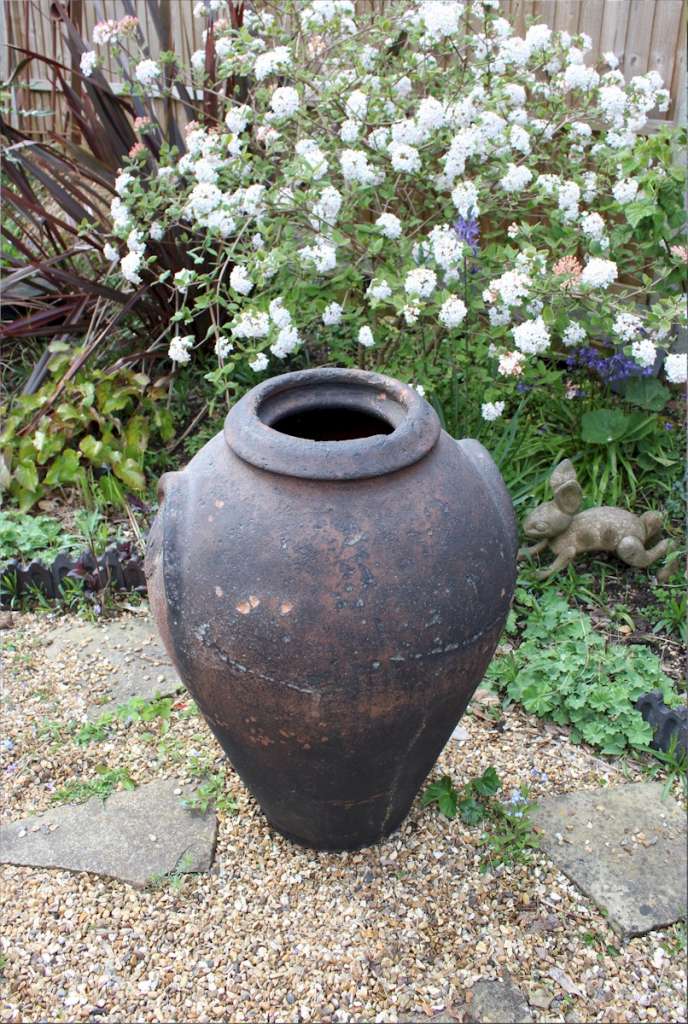 Large antique European olive terracotta garden urn measuring 84 cm high x 55 cm diam.