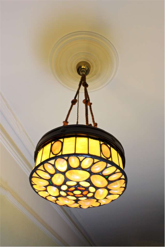 Wonderful mother of pearl shell and coloured glass hanging lamp shade