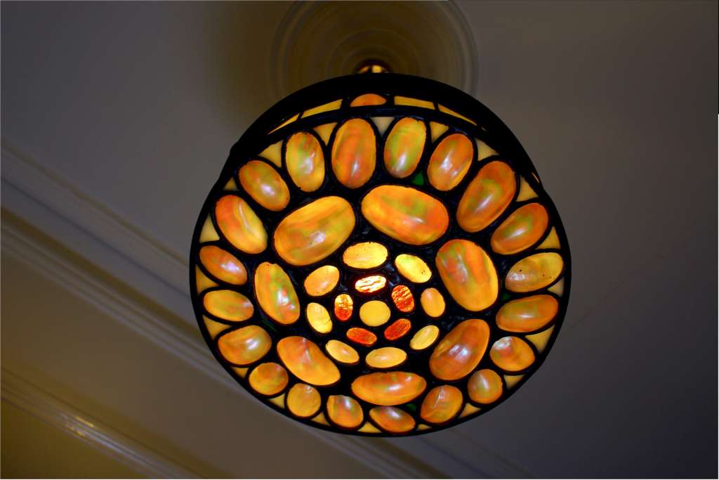 Wonderful mother of pearl shell and coloured glass hanging lamp shade
