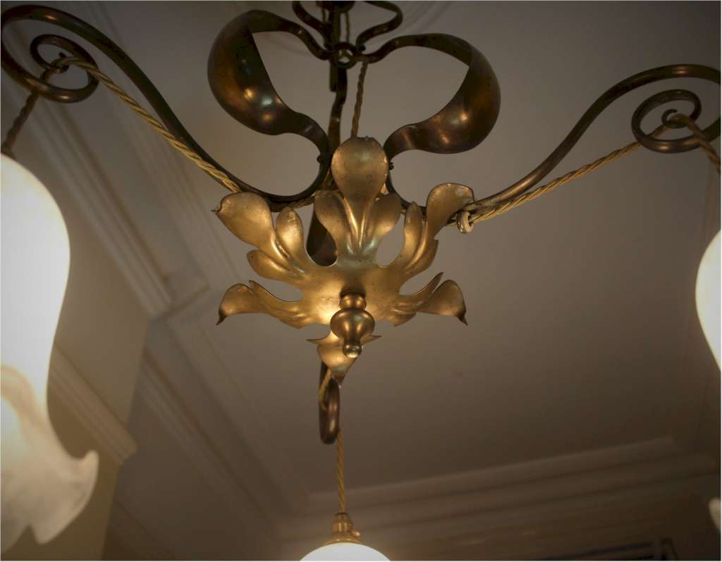 Arts and crafts three branch brass hanging lamp