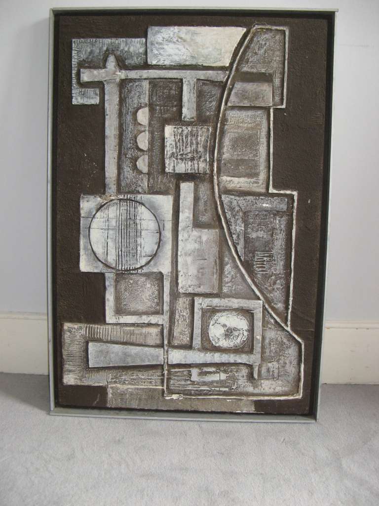  abstract plaster relief framed picture signed Betty D Shadwell 1974