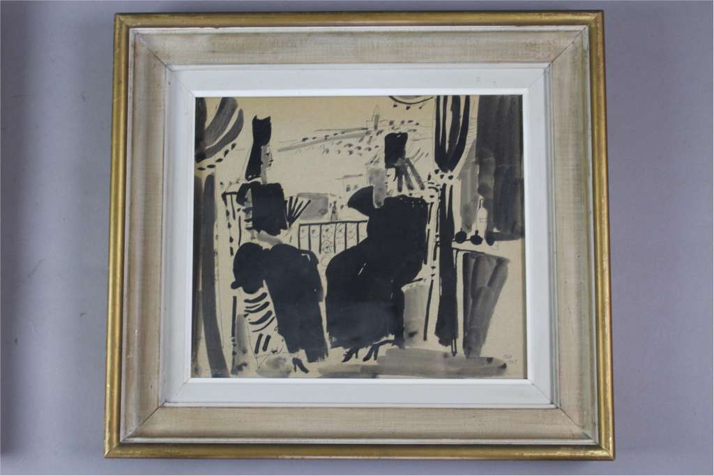 1960's watercolour, pen and ink of two Spanish ladies sitting on a balcony signed Ash 1967