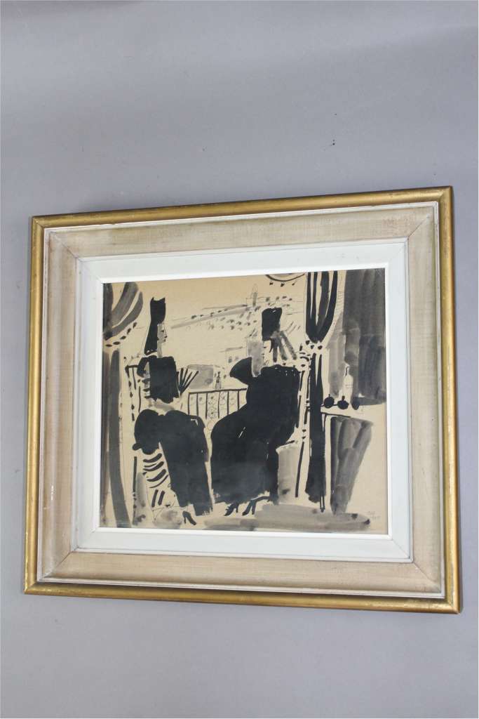 1960's watercolour, pen and ink of two Spanish ladies sitting on a balcony signed Ash 1967