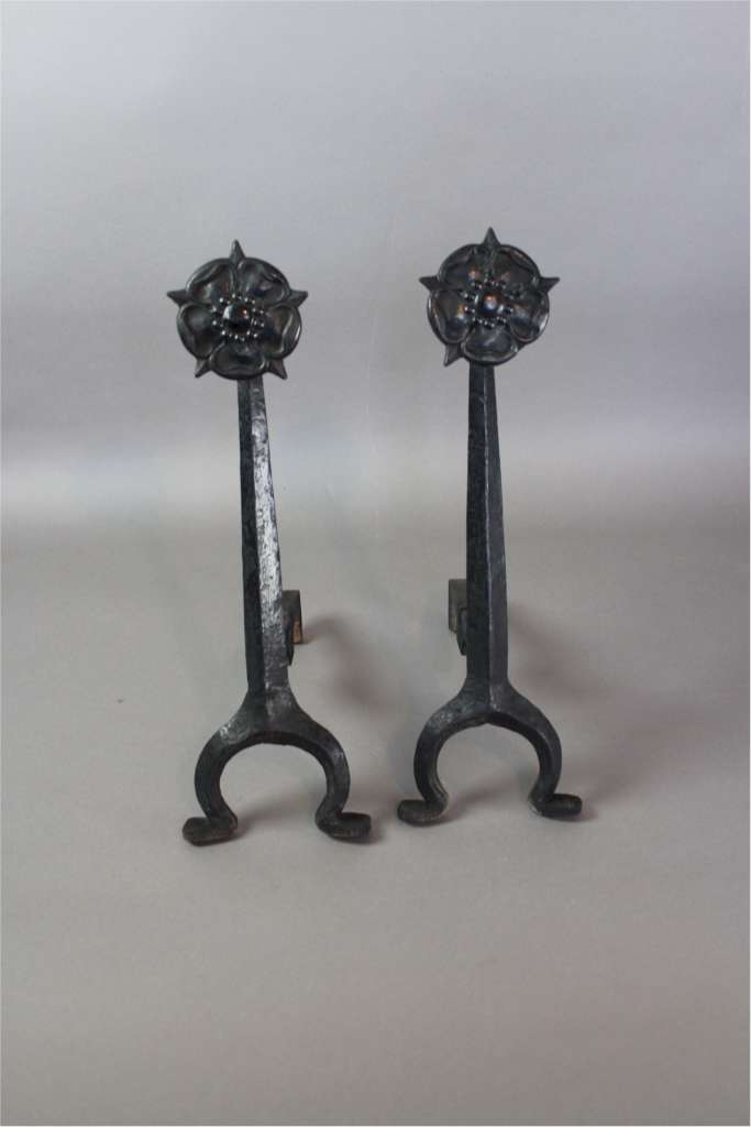 Arts and Crafts pair of iron fire dogs