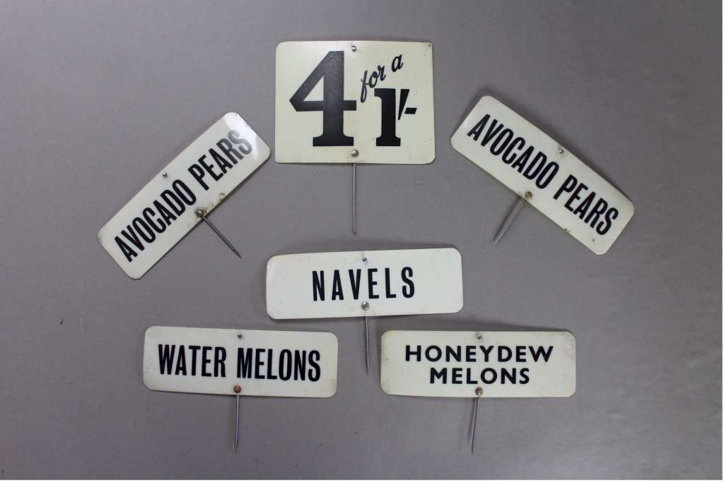 Vintage greengrocer plastic product signs