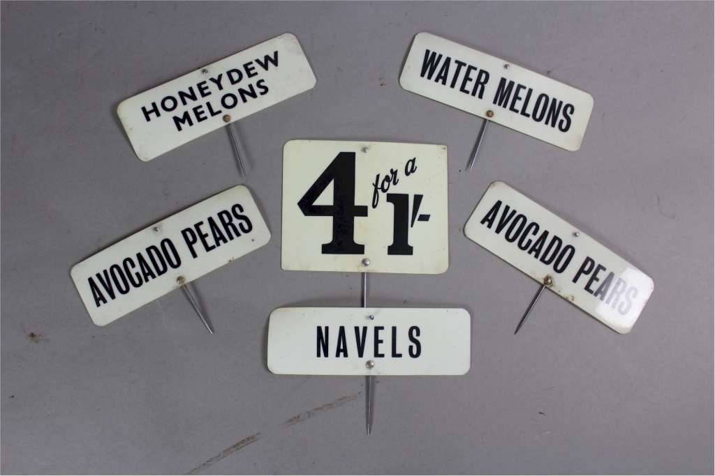 Vintage greengrocer plastic product signs
