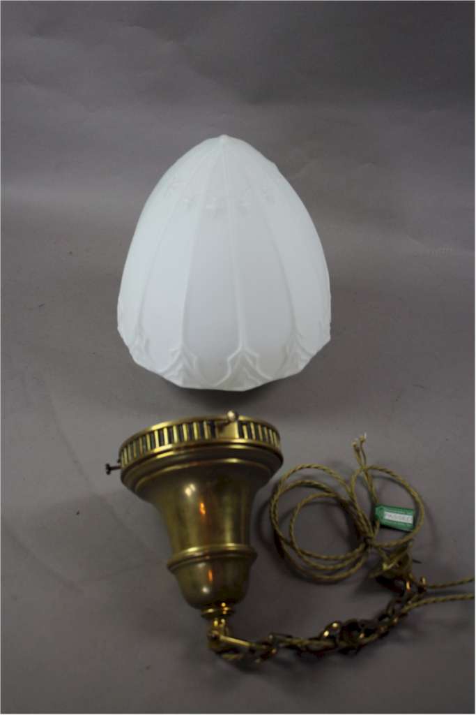 Large heavy brass and opaline glass shade with brass chain and ceiling rose