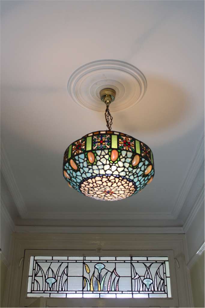 Stunning hanging lamp shade with abalone shells and multi coloured glass
