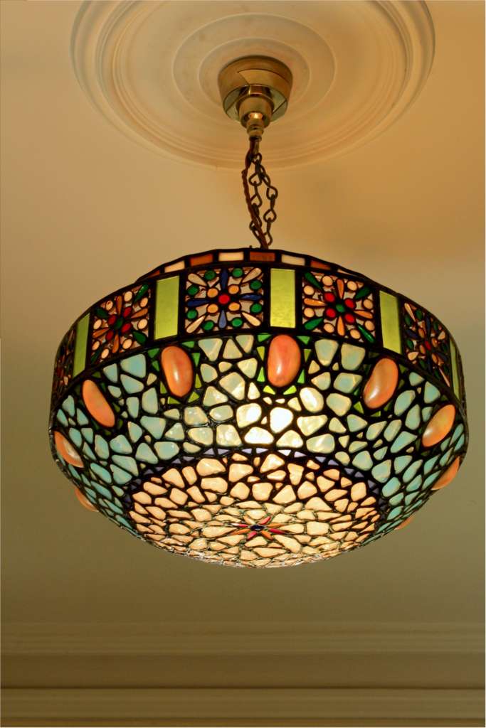 Stunning hanging lamp shade with abalone shells and multi coloured glass