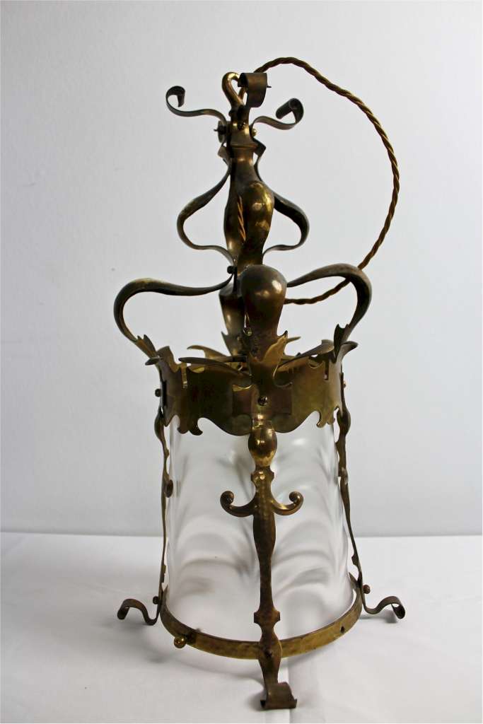 Quality brass arts and crafts lantern with original glass shade possibly by Powell