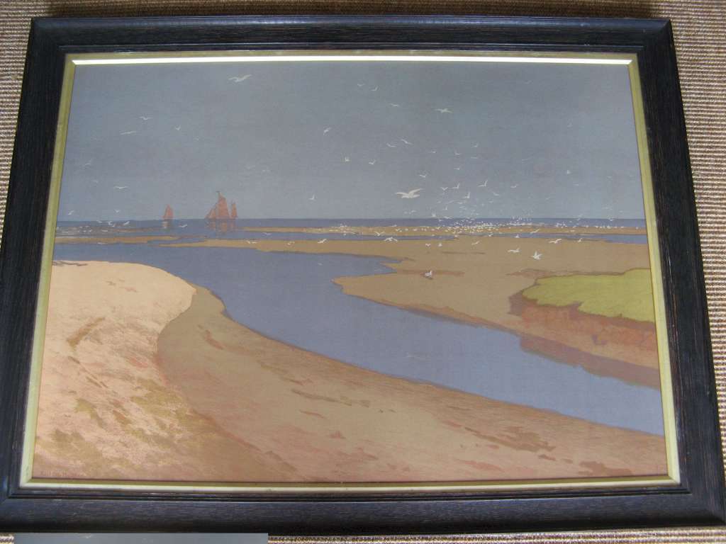 Arts and Crafts period oak framed print of a lower Elbe seascape scene by German artist and graphic
