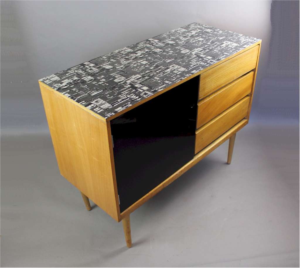Mid-Century Formica topped sideboard with three teak drawers