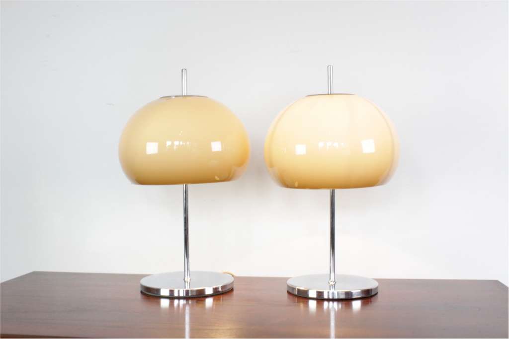 Two (near pair) 1970's lamps the chrome bases with mushroom coloured plastic shades. 20 in high x 12