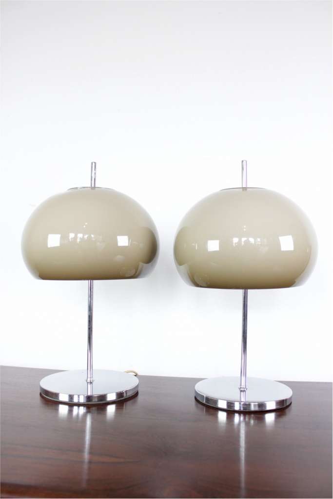 Two (near pair) 1970's lamps the chrome bases with mushroom coloured plastic shades. 20 in high x 12
