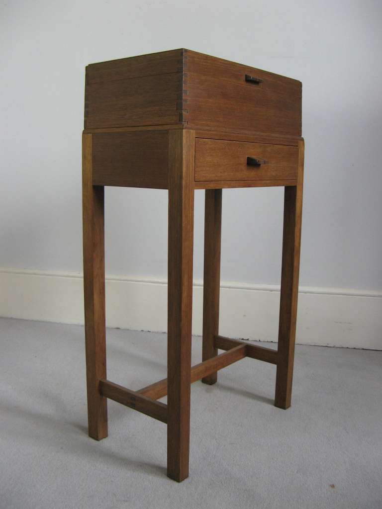 Cotswold School mahogany sewing box on stand
