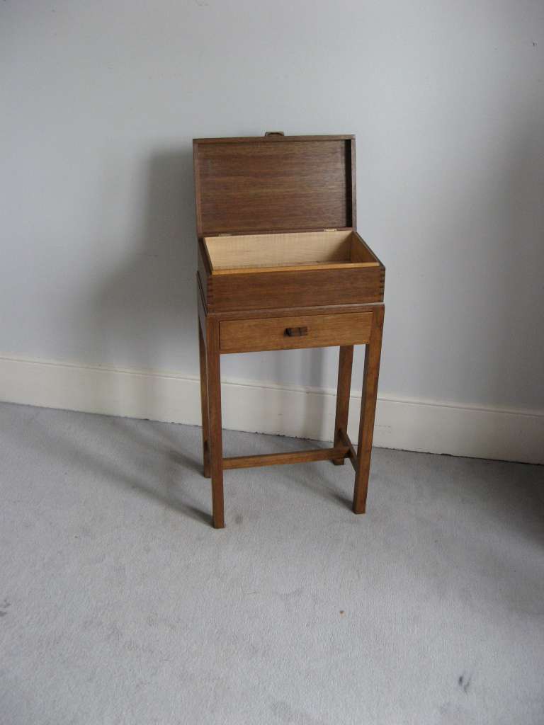 Cotswold School mahogany sewing box on stand