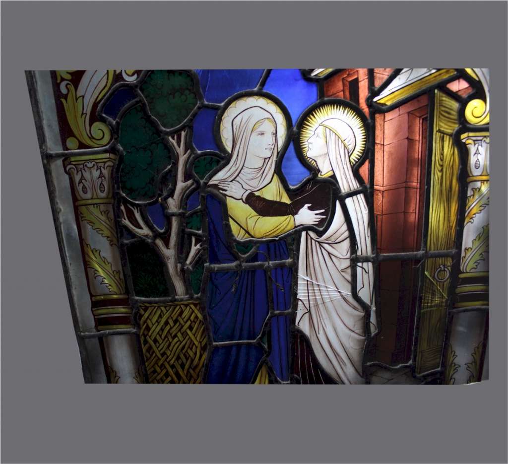 Religious stained glass with two female figures