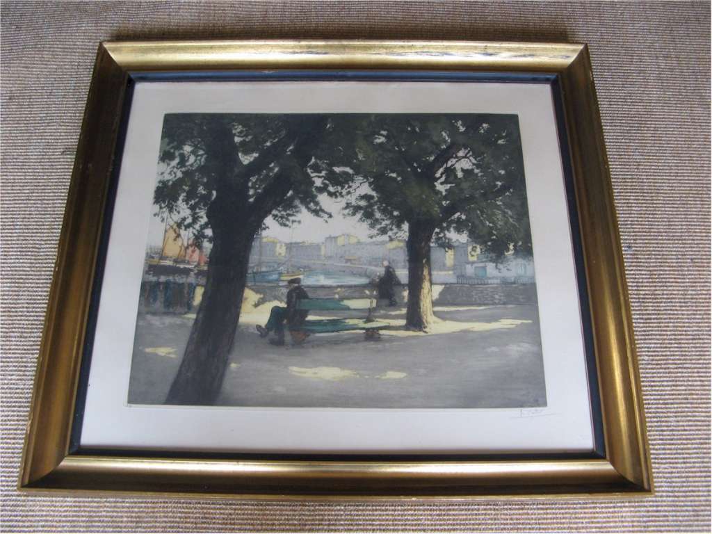 Gilt framed Provencal view lithograph signed by H. Callor 1930's measures 28in x 30 x 2  inches. Goo