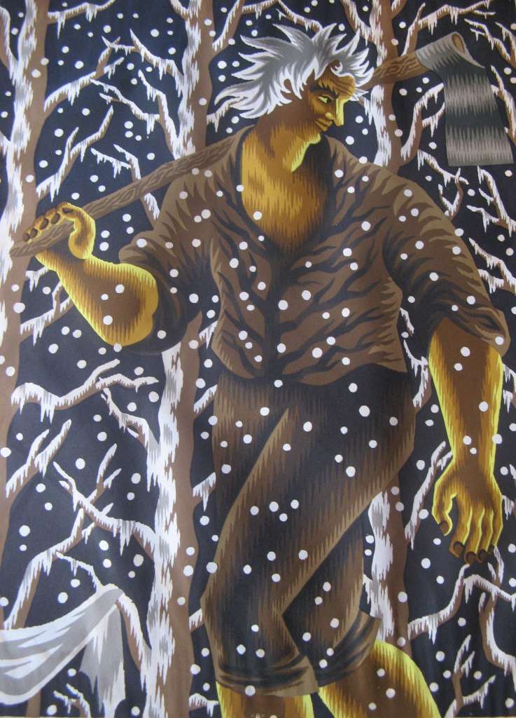 Striking print of a woodman in winter forest .