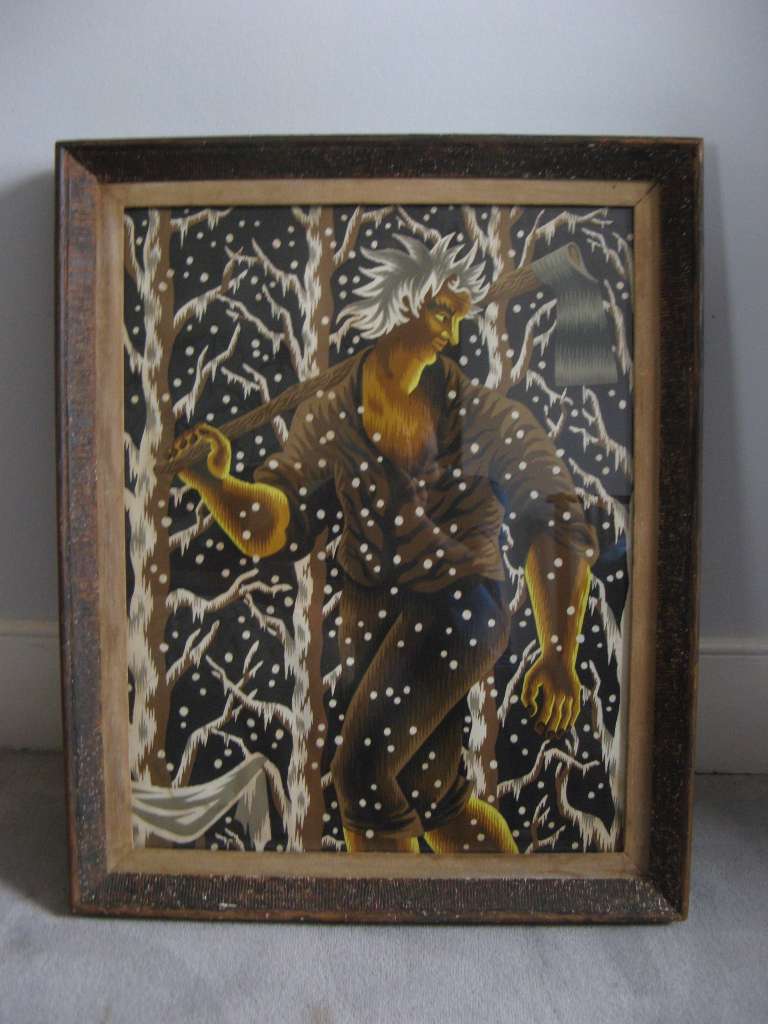 Striking print of a woodman in winter forest .