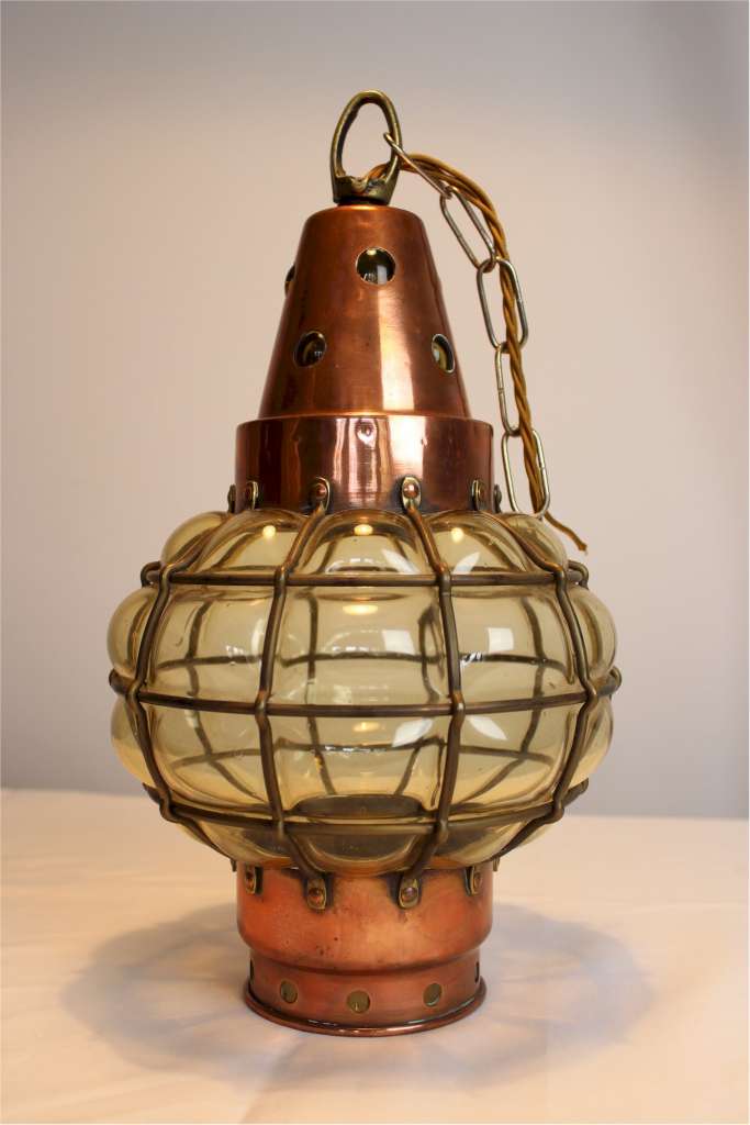 Copper and blown glass arts and crafts hanging lantern