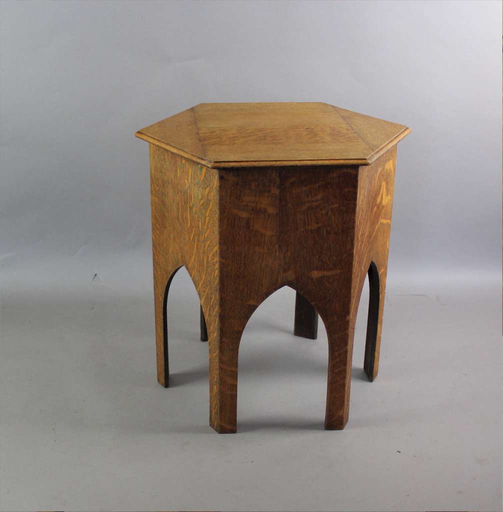 Arts and Crafts sewing box table in quarter sawn oak c1900