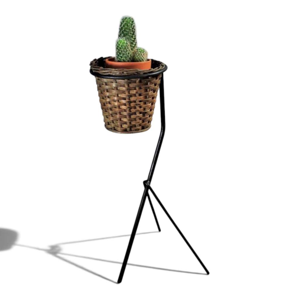 Mid-Century French wicker planter on iron stand