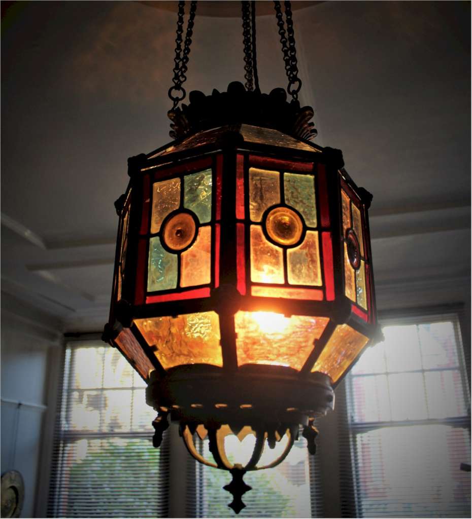 Aesthetic Movement leaded glass and brass lantern