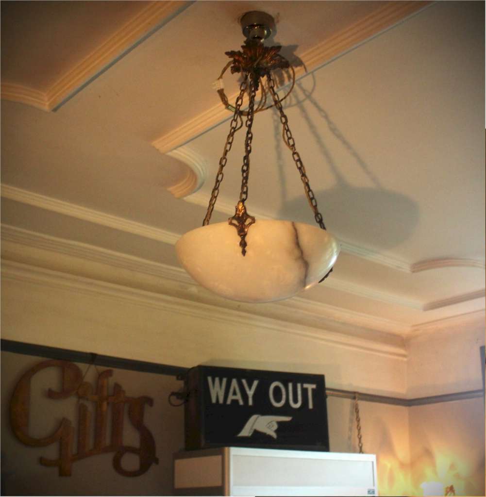  Alabaster ceiling shade with gilt metal chains and ceiling rose.