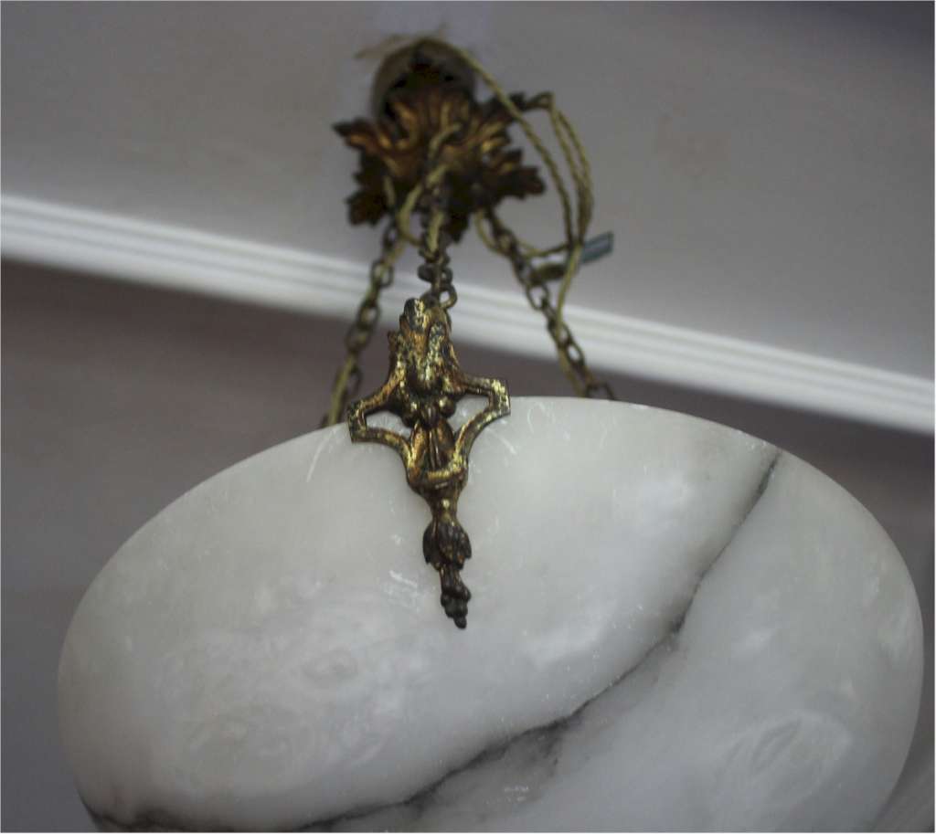  Alabaster ceiling shade with gilt metal chains and ceiling rose.