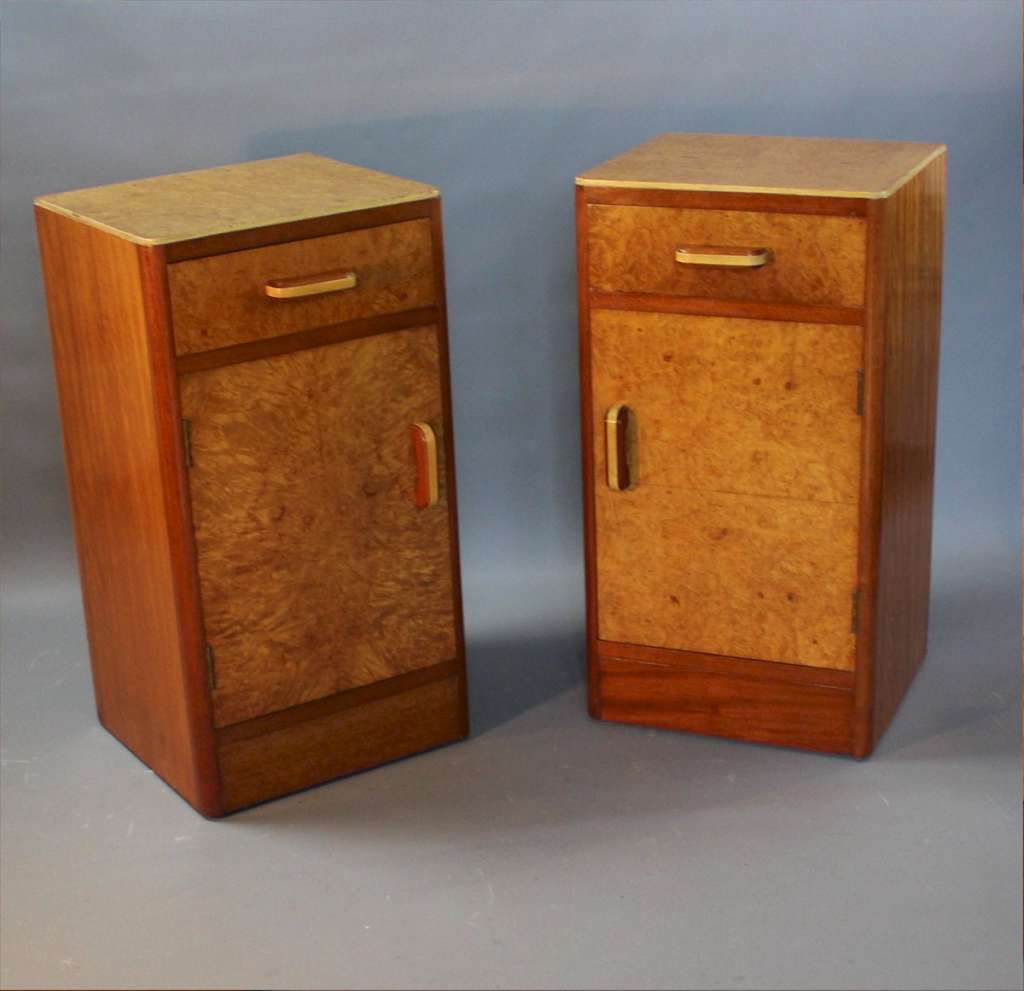 Art Deco pair of birds eye maple bedside cabinets