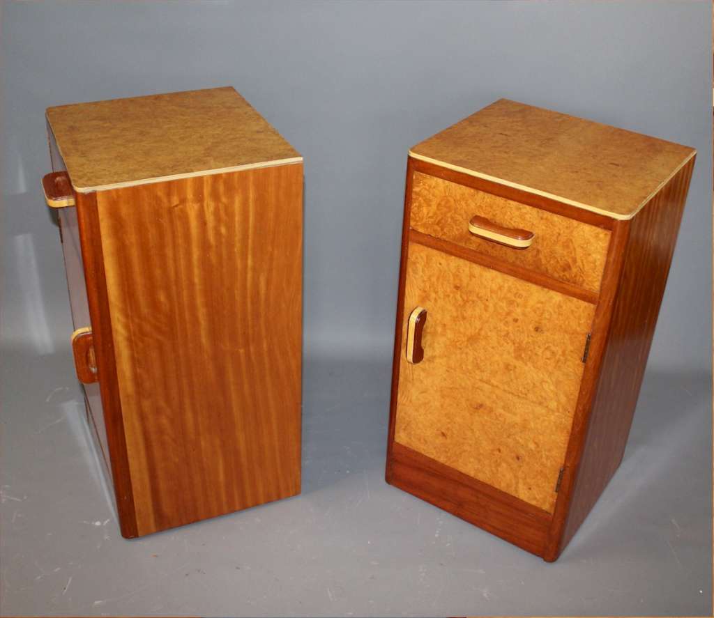 Art Deco pair of birds eye maple bedside cabinets.