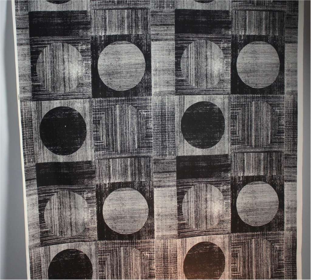 Vintage unused roll of cotton fabric with black and white geometric square and circles
