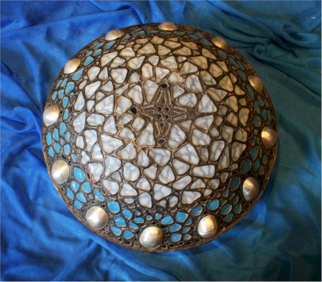 Arts and crafts abalone shell and blue glass plafonnier ceiling shade