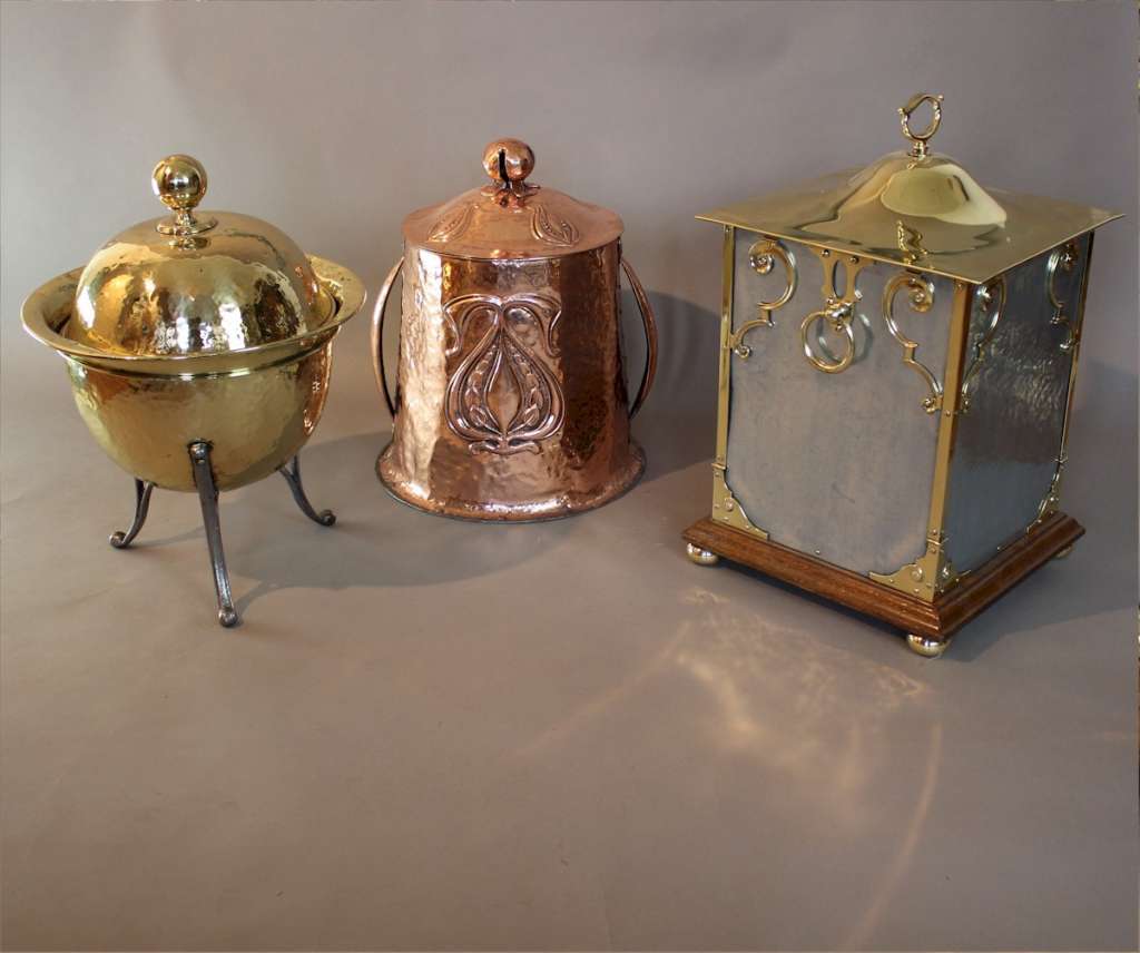 Arts and Crafts brass coal scuttle on iron legs