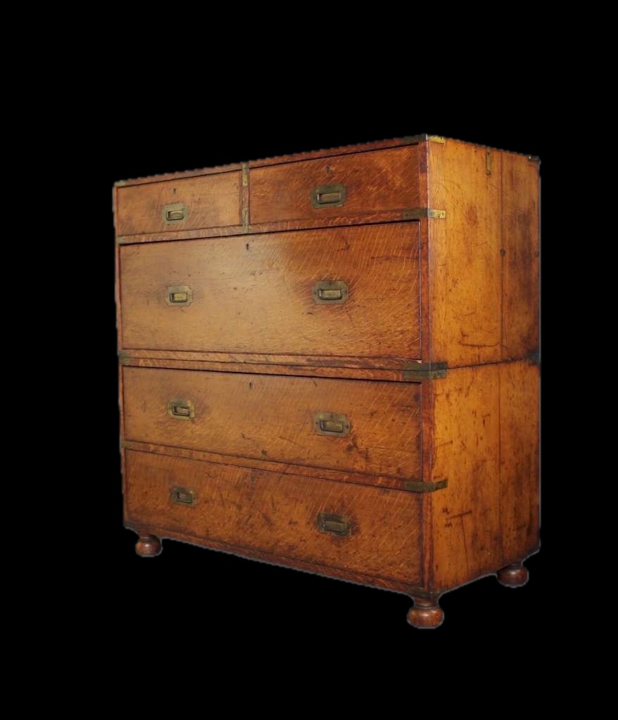 Antique campaign chest of drawers in solid oak