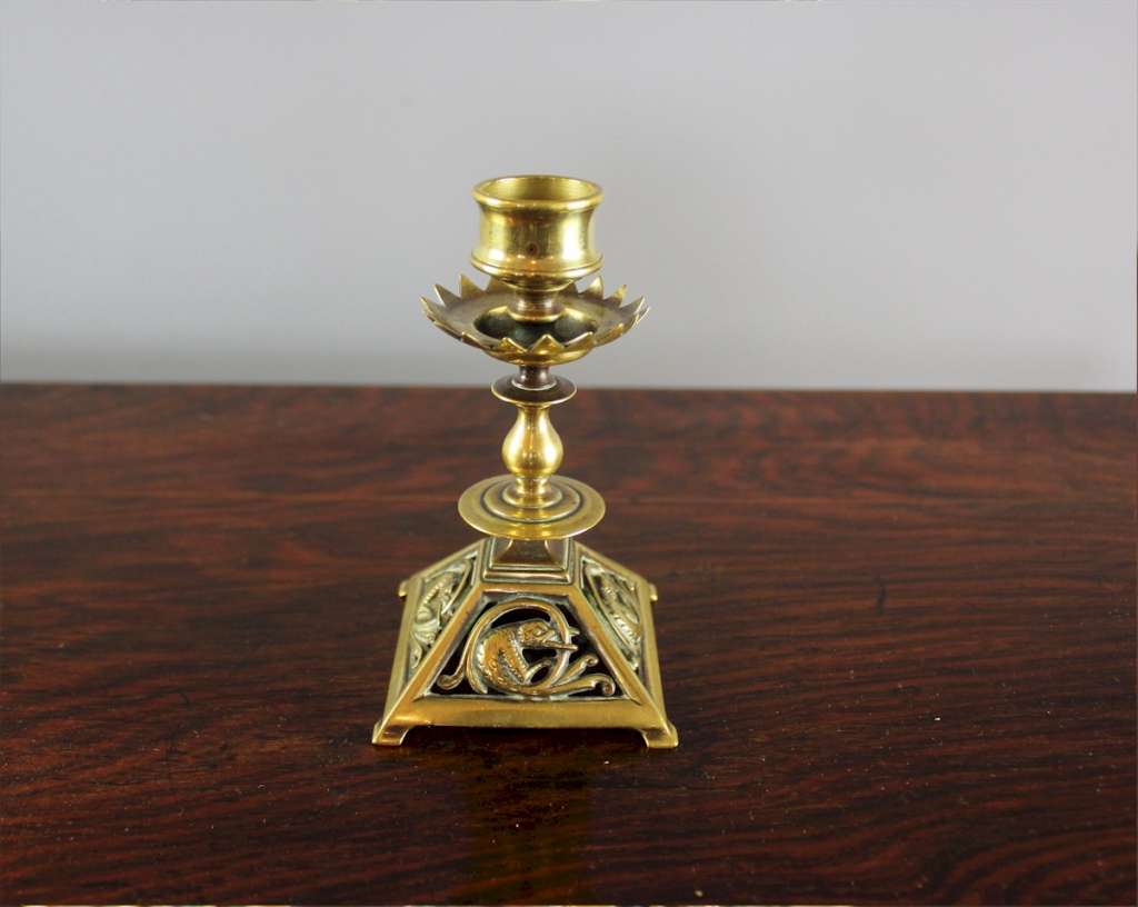 Pretty Gothic brass candlestick with serpent c1880's.