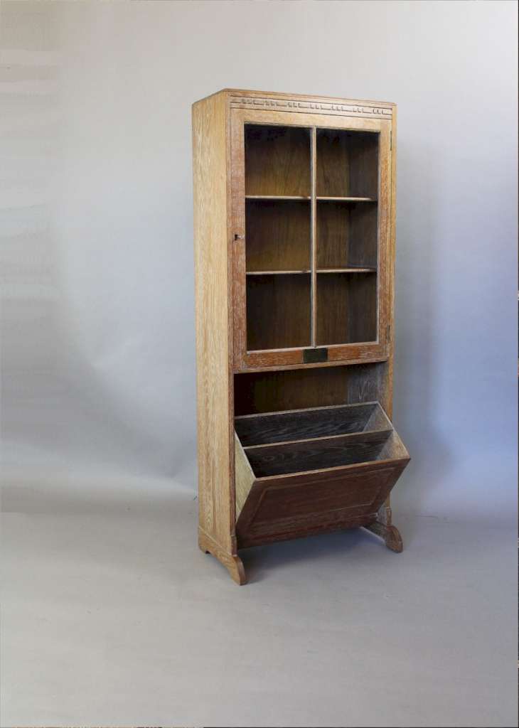 1930 S Limed Oak Glazed Bookcase With Interesting Fall Front