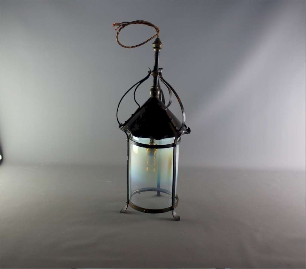 Arts and crafts iron and vaseline shade lantern