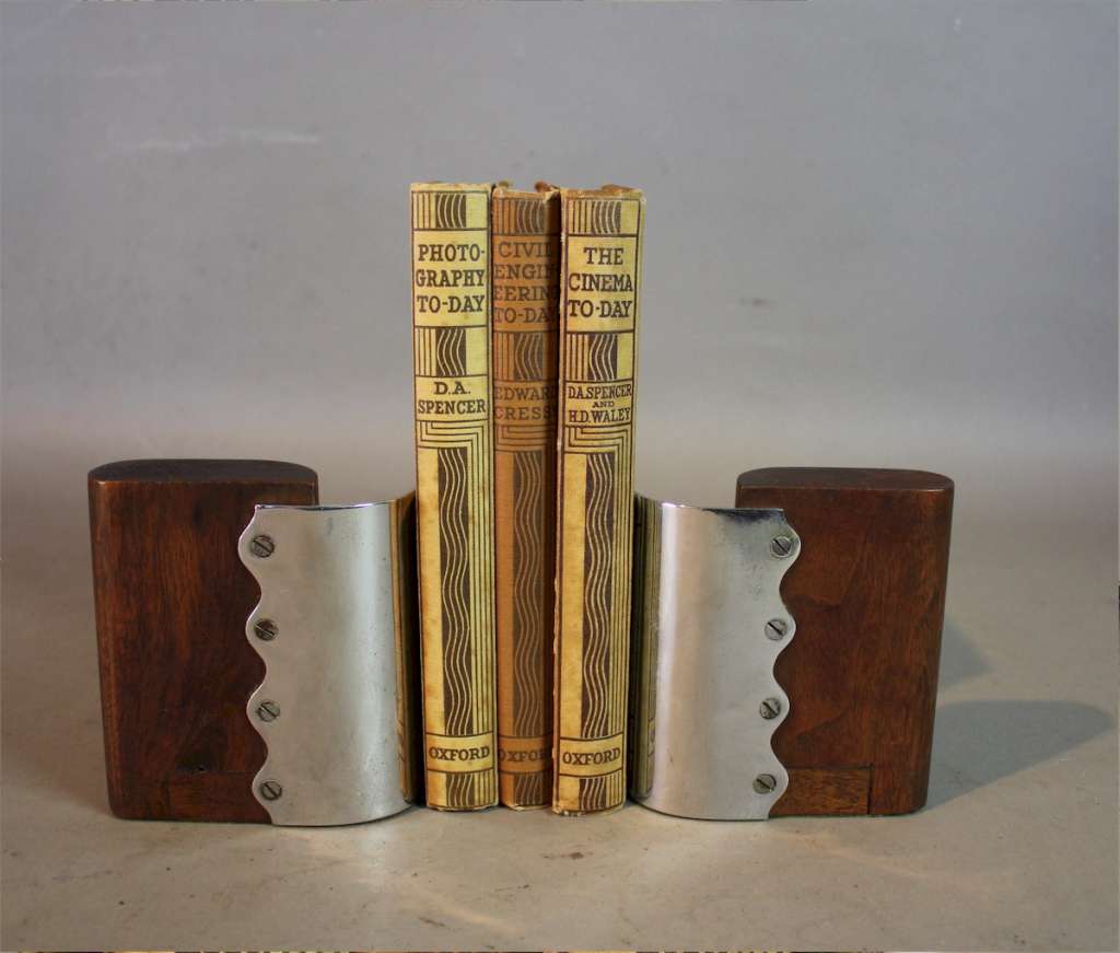 Modernist art deco pair of chrome and wood bookends c1930
