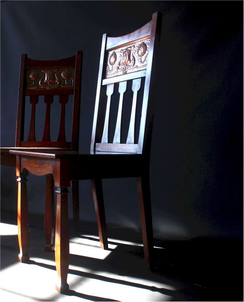 Shapland-Arts and Crafts chairs with copper backs