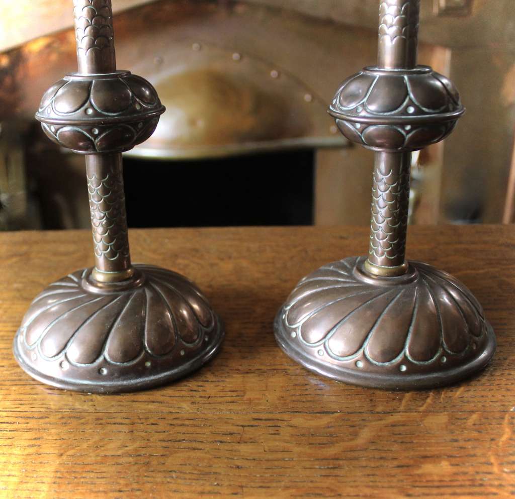  Arts and Crafts pair of copper candlesticks
