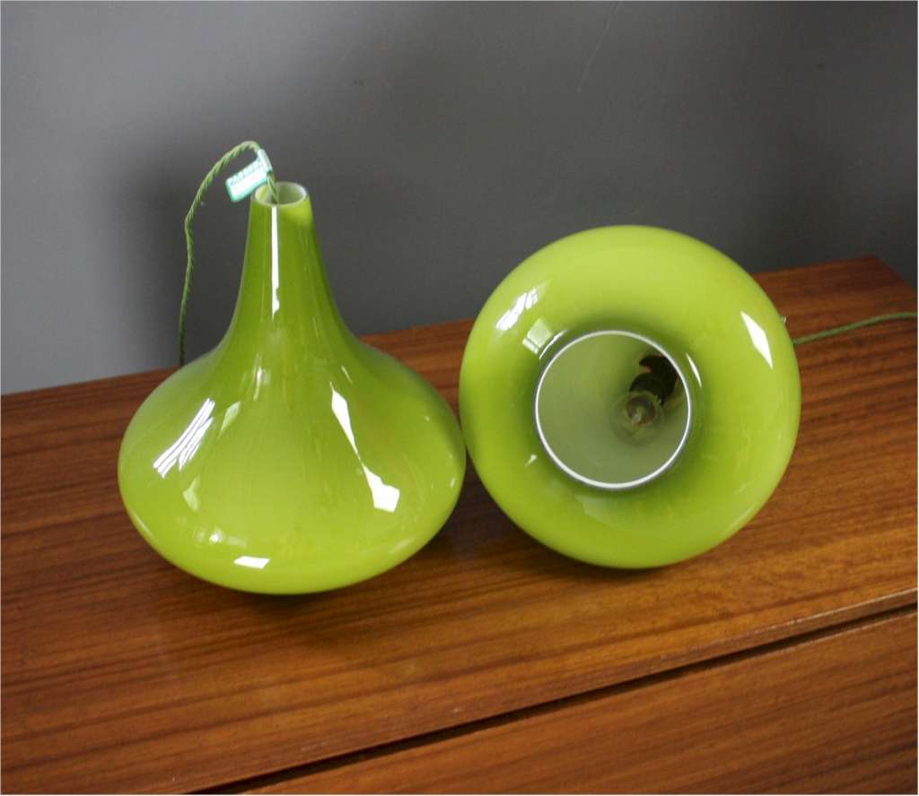 Pair of green glass pear shaped 1970's shades