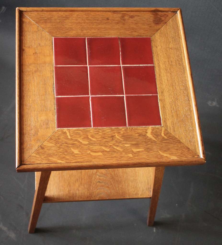 Arts and crafts oak red tiled topped side table