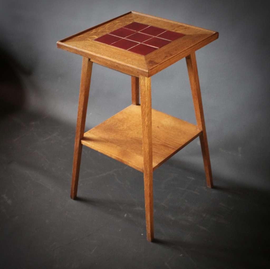 Arts and crafts oak red tiled topped side table