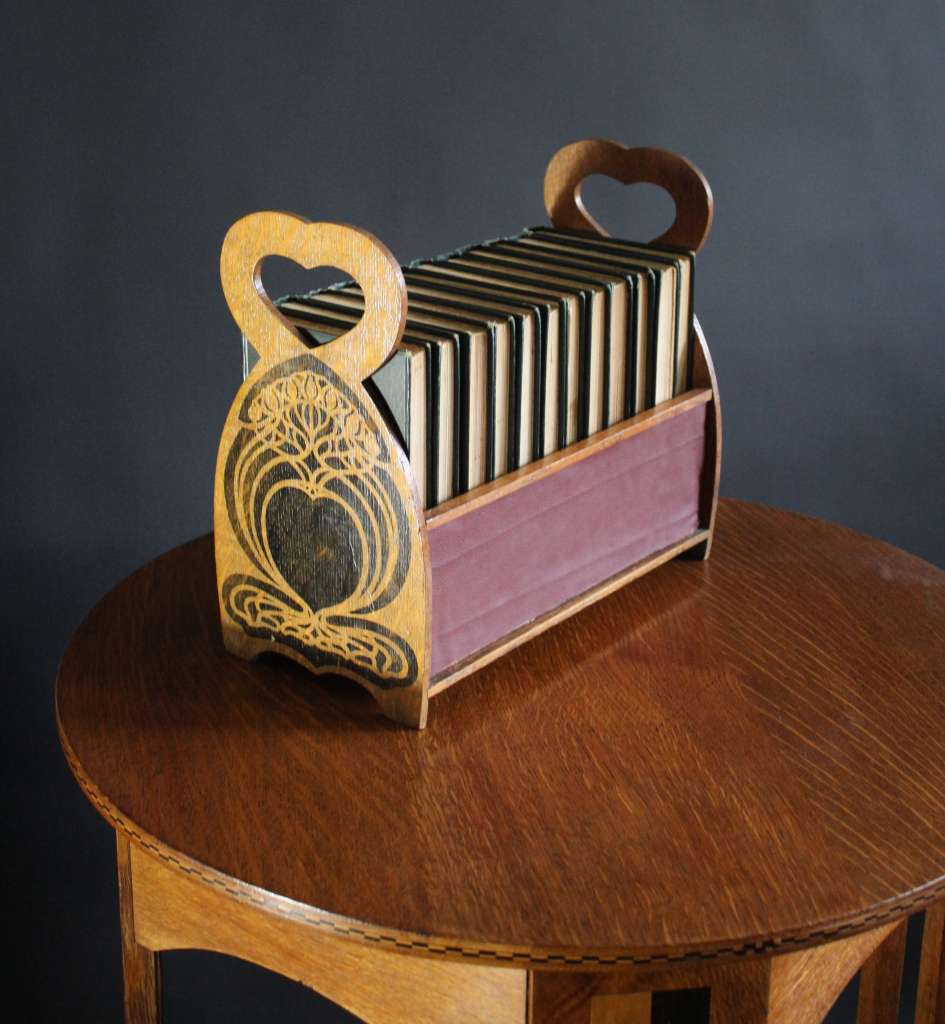 Arts and Crafts stencilled book trough in oak