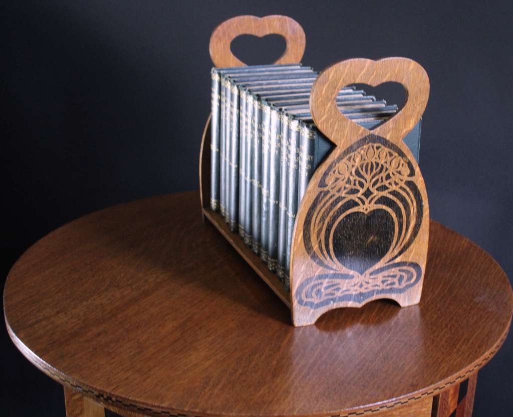 Arts and Crafts stencilled book trough in oak