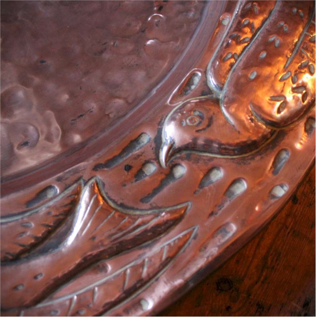 Large Arts and Crafts copper charger with Birds.